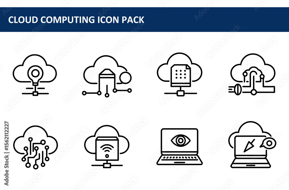 Poster cloud computing icons featuring various functionalities in a simple, clean design. linear illustrati