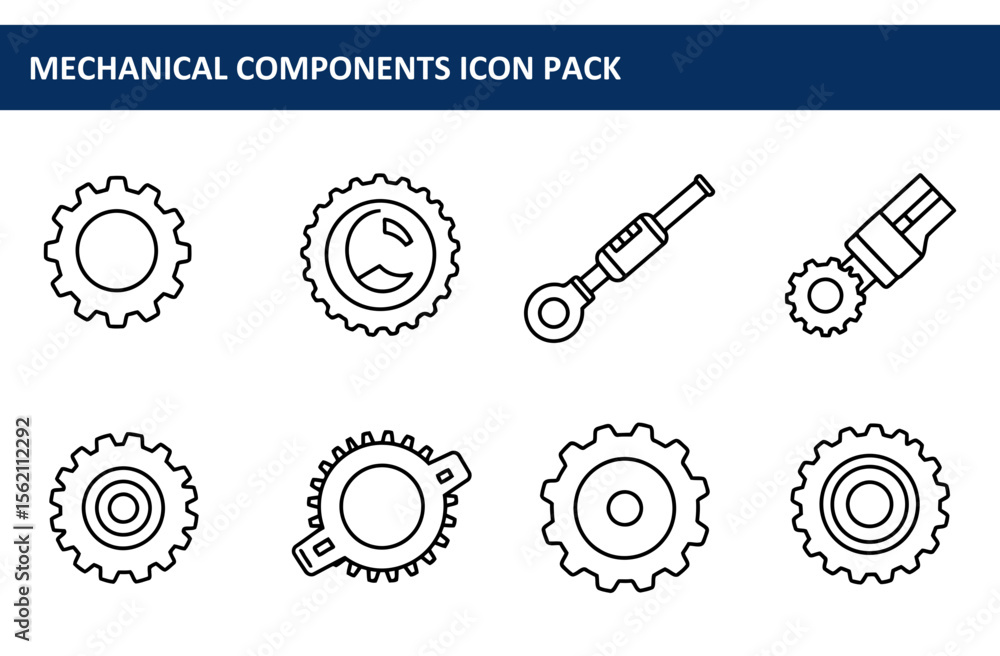 Poster mechanical components icon set with various gear types and tools. simple line drawings with no shadi