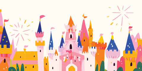 Fototapeta premium An enchanting cityscape bursts forth with fairytale charm, a vibrant tapestry of fanciful buildings and dazzling fireworks in a picturesque wonderland, celebrating architecture and festivities. 