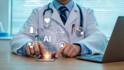Doctor using artificial intelligence on a smartphone for healthcare