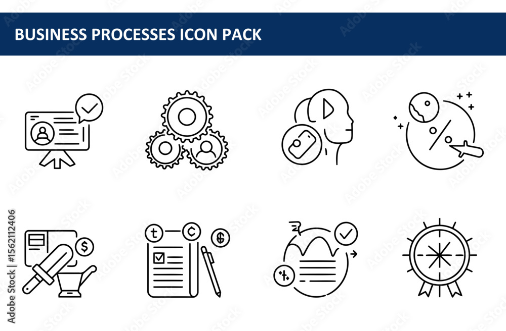 Poster business process icons depicting various work stages in a flat line art style. collection of simple,