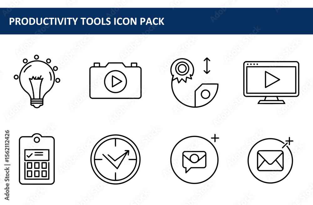 Poster productivity tools icons depicting various functions for modern workplace. outline icons with lightb