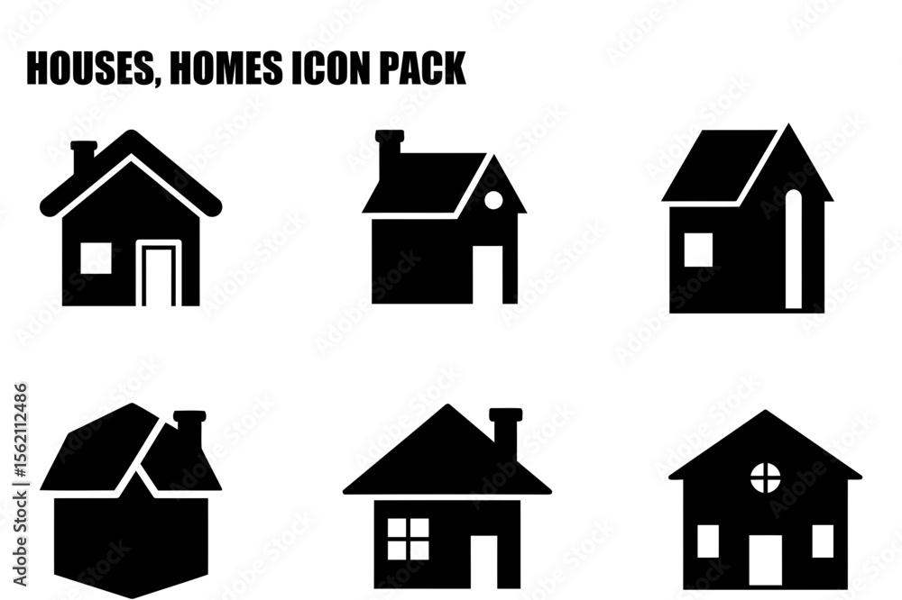 Poster house icons in a simple, graphic design style. collection of various house types displayed on a whit