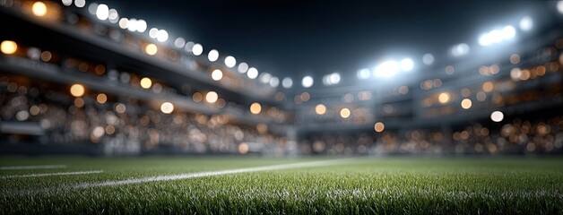 Bright stadium lights shine down on an American football field marked with white lines during a nighttime event