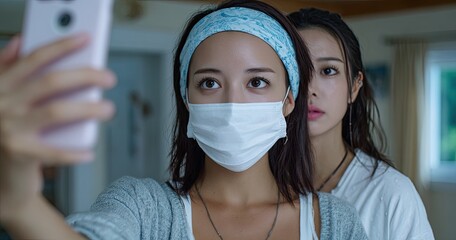 A Korean woman in her thirties takes a selfie with a mask on her face, and another person is styling the girl's hair in the living room