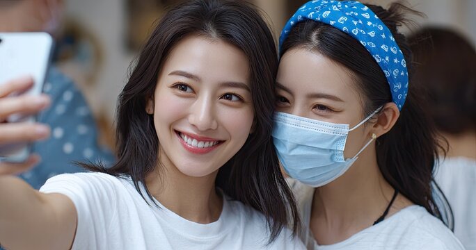 A Korean woman in her thirties takes a selfie with a mask on her face, and another person is styling the girl's hair in the living room