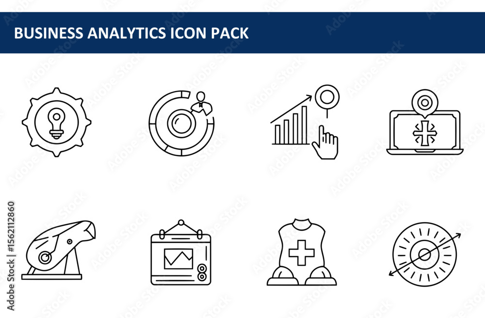 Poster business analytics icons set with various functions and elements. simple line art graphics for prese