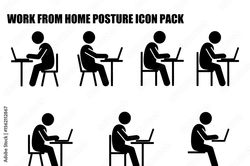 Poster work from home posture icon pack of various seated people working on laptops with different postures