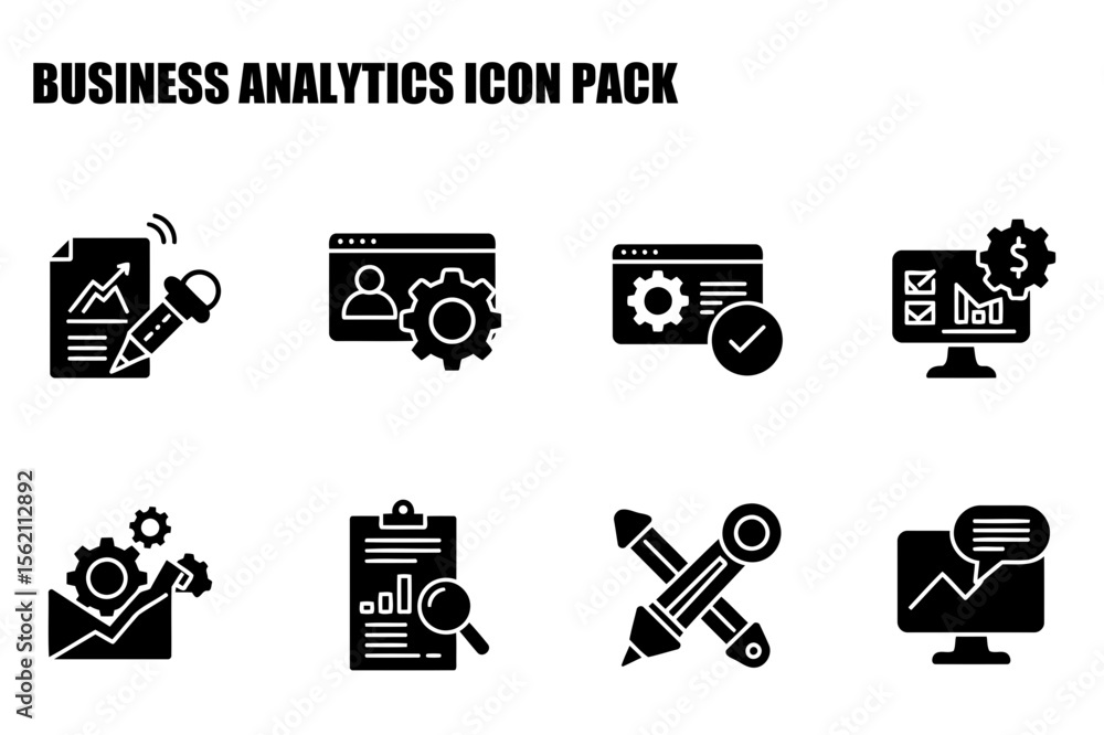 Poster business analytics icons depicting various data analysis and management tools. data analysis tools a