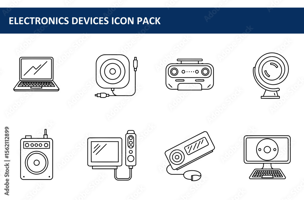 Poster electronics devices icon pack showcasing various devices in a simple line art style.
