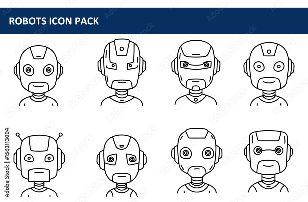 Aufkleber robot icons of various expressions in a simple, linear style. collection of cartoon robot heads in d