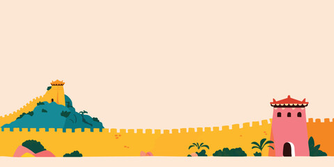 Fototapeta premium A stylized illustration of a majestic ancient wall, possibly inspired by the Great Wall, winds across a landscape, featuring watchtowers and lush greenery. This image offers a serene.