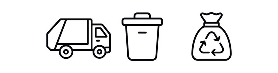 Fototapeta premium Waste management icons: garbage truck, trash bin, recycle bag vector icon isolated illustration