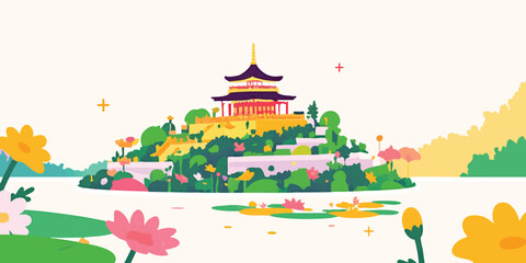 A vibrant illustration of a picturesque temple nestled on a lush island, surrounded by serene water and blooming flowers.