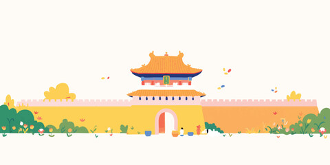 Naklejka premium An illustration of traditional architecture of the ancient gate, with people gathering around. capturing the art style and rich culture.