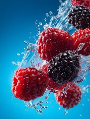 Raspberries and Blackberries Splashing in Water Against a Blue Background
