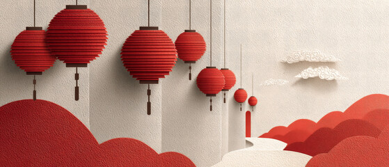 New Chinese style red lantern paper-cut style poster