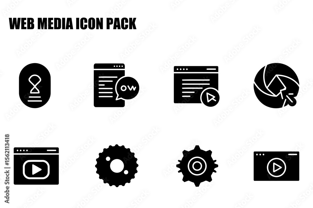 Poster black and white web media icons in a software design aesthetic. simple, flat icons of web elements f