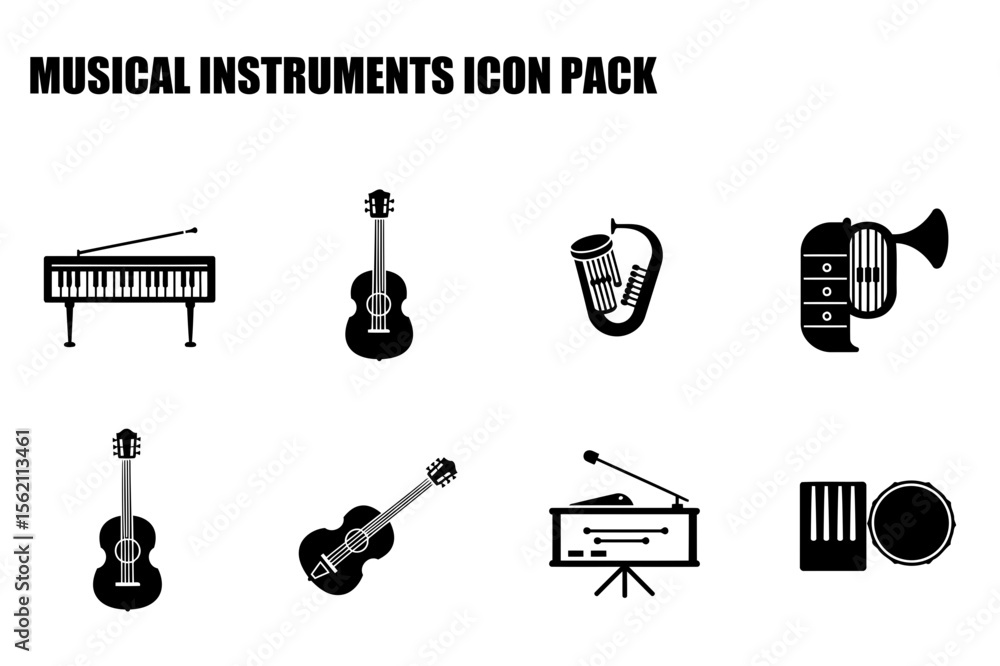 Poster musical instrument icons in various styles. silhouette representations of different musical instrume