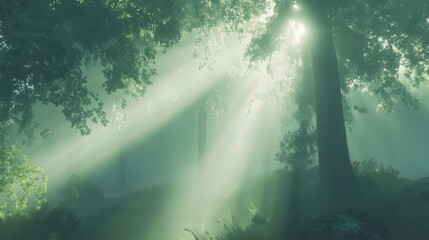 Sun rays piercing through a foggy forest