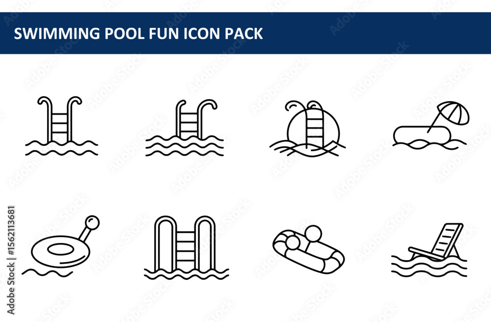 Poster swimming pool icons with various features in a line art style. simple pool ladder, inflatable raft, 