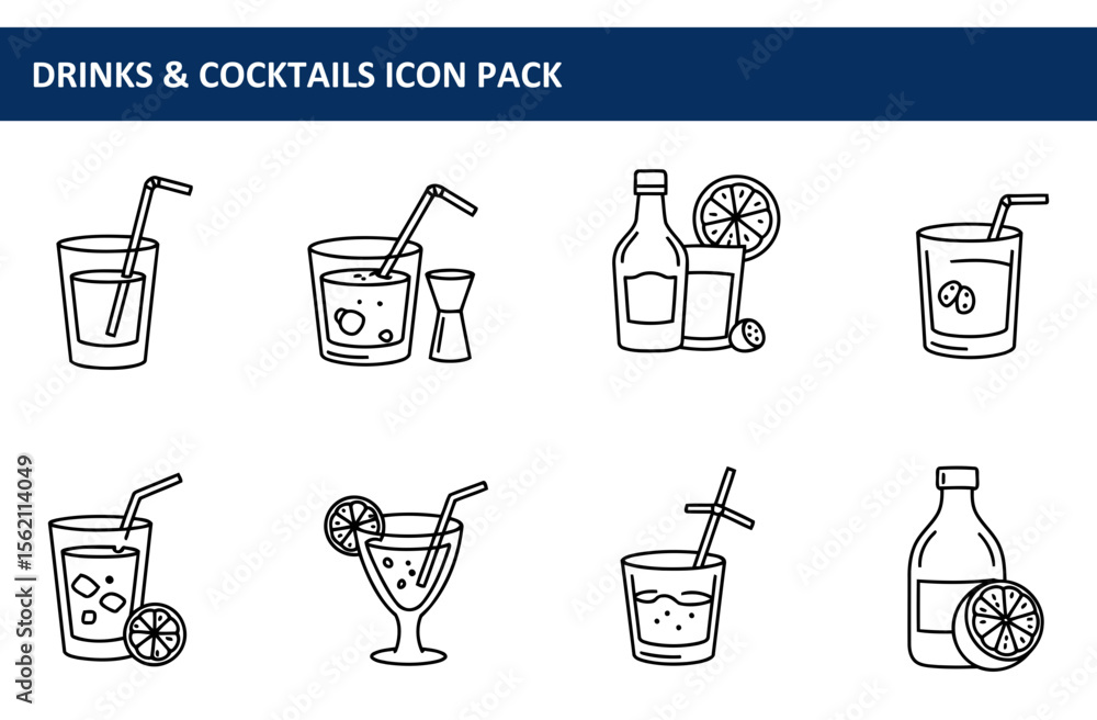 Poster drinks and cocktails icon pack showing various beverages in different glasses and with different gar