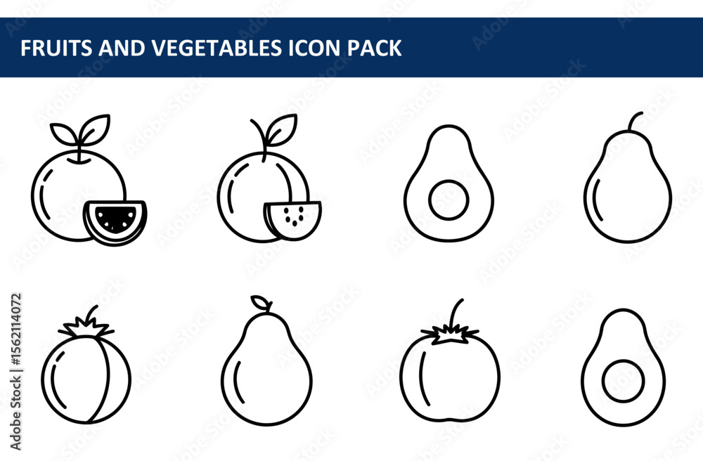 Poster fruits and vegetables icon set displayed in a simple, outlined style. collection of various fresh pr