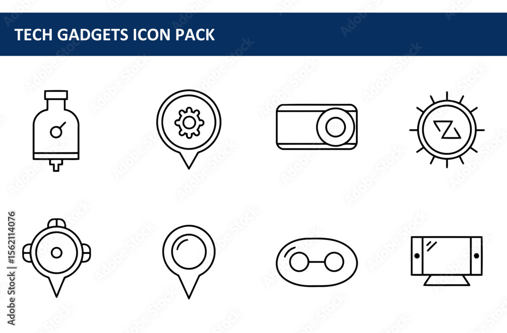 Poster tech gadgets icon pack showing various devices in a simple line art style. collection of technology 