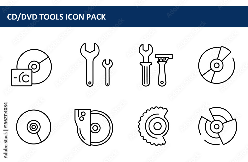 Poster cd/dvd tools icon pack featuring various tools and icons for manipulating cds and dvds. simple, blac
