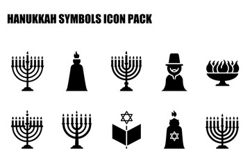 Hanukkah symbols icon set featuring menorahs, a rabbi, and other Jewish religious items. Simple black and white illustrations of the holiday's objects.
