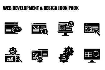 Web development and design icons in a diverse range of settings and use cases. Black and white vector graphic illustrations, showcasing various functions of websites and internet applications.
