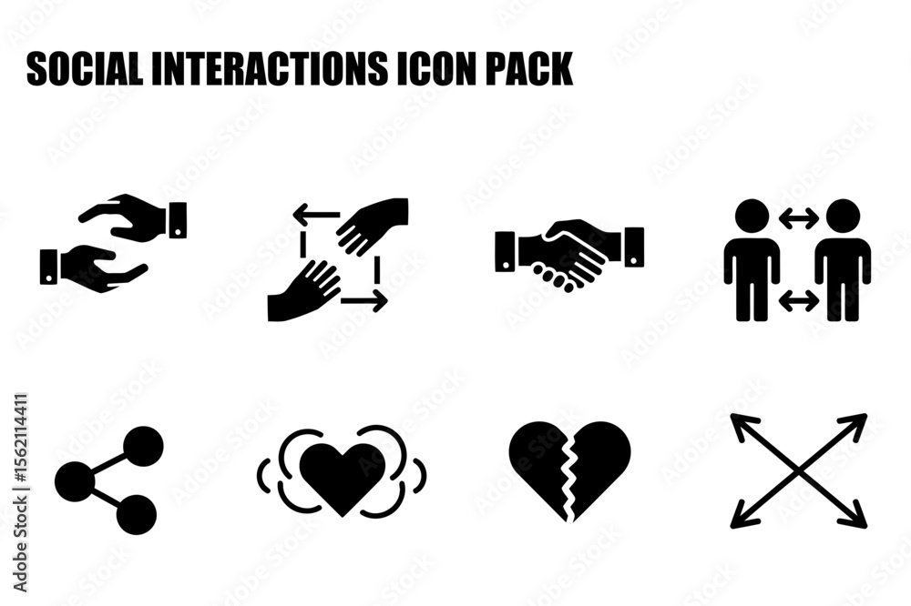 Poster social interactions icon pack depicting various interpersonal dynamics in a professional context.