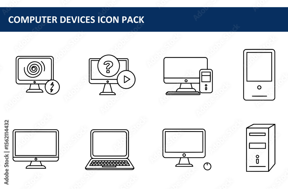 Poster Computer devices icon pack showcasing various elements in a simple, clean line art style. Simple computer icons for display. General use in educational or informational graphics.