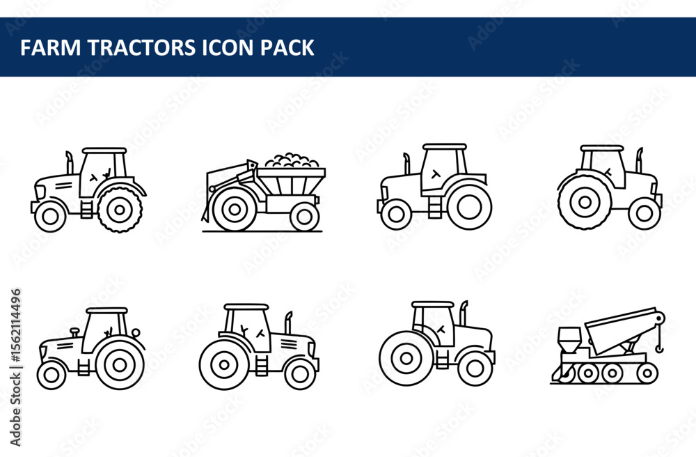 Poster farm tractor icons in various configurations displayed in a grid. simple line art depictions of farm