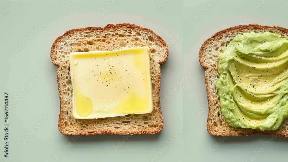 Poster Two slices of toasted bread are presented on a green background, one topped with a pat of butter and the other generously spread with mashed avocado
