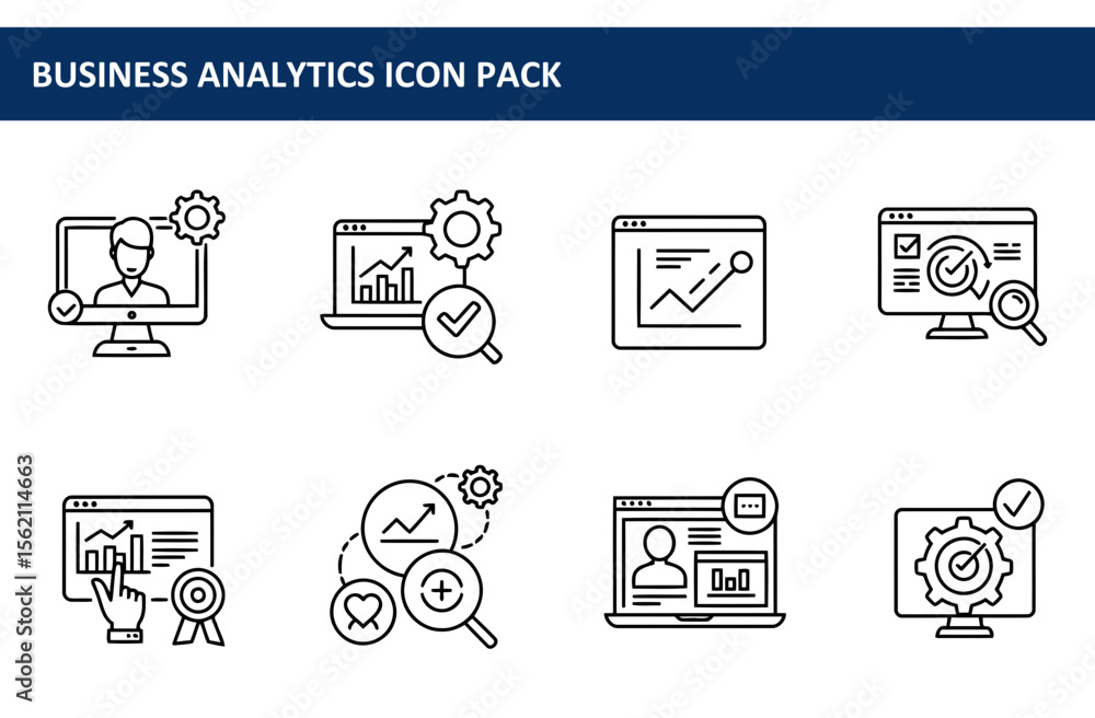Aufkleber business analytics icons depicting various aspects of data analysis and management.