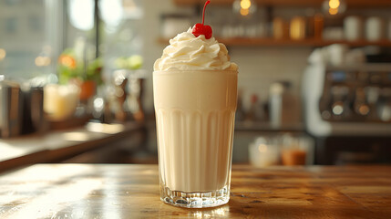 Delicious Creamy Milkshake with Whipped Cream and Cherry on Counter