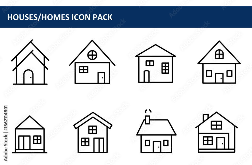 Poster house icons in various styles with different roof types. simple line drawings of homes in a graphic 