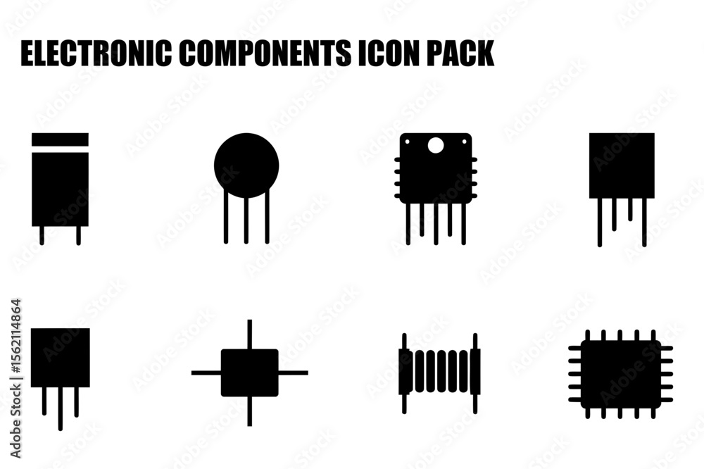 Poster electronic component icons in various shapes and forms. simple black icons against a white backgroun