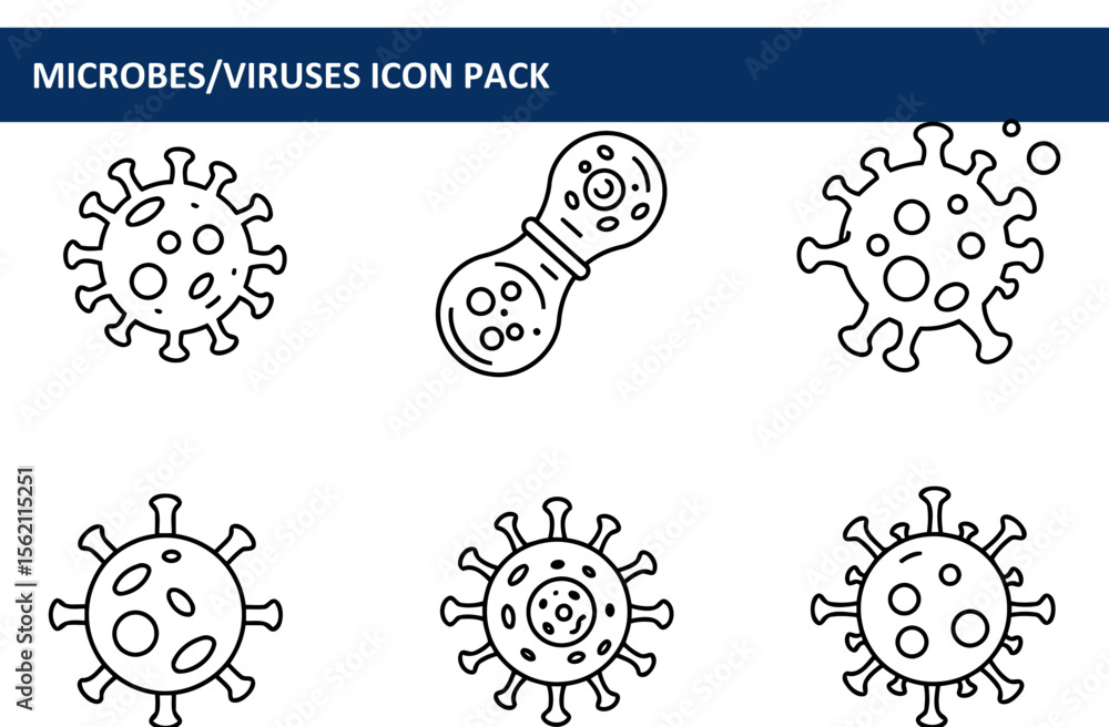 Poster microbial/viral icon set showing various types of viruses and microbes in a simple, outlined style.