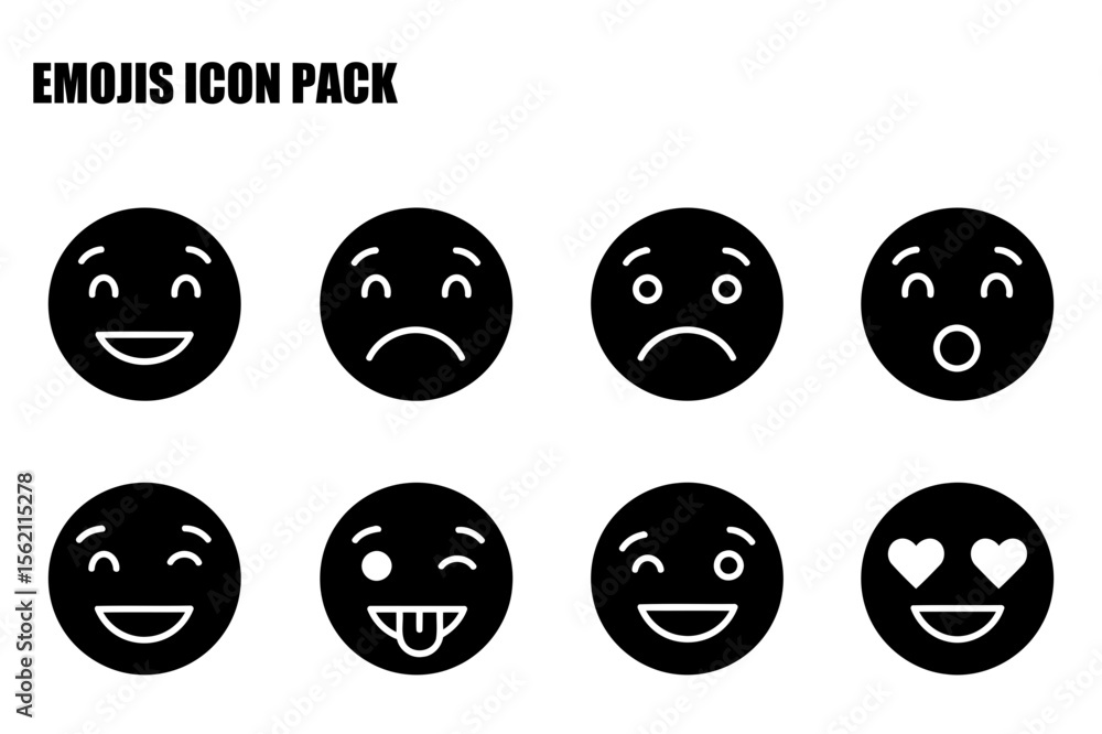 Poster emoji icon pack showing various expressions on a white background. collection of simple, black and w