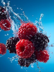 Raspberries and Blackberries Splashing in Water Against a Blue Background