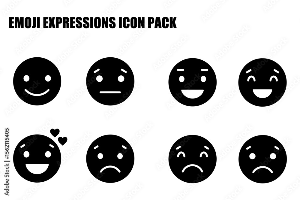 Poster emoji expressions icon pack showing various emotions in a digital format. simple black and white ico