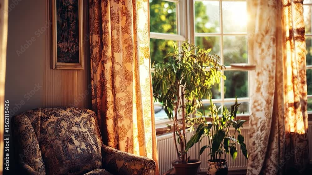 Poster sunlight streaming into a room with patterned curtains and an armchair.
