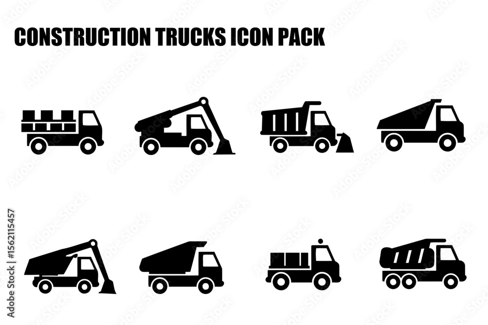 Poster construction trucks icon set in various configurations. side profile views of different types of con