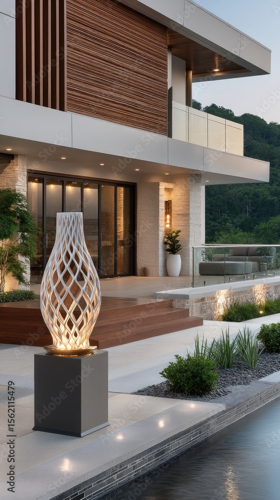 Poster modern abstract sculpture of white fabric stands illuminated on terrace with luxurious architecture,