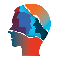 Schizophrenia, Bipolar disorder, mental health concept. Ripped paper Male head stylized silhouettes.Isolated on white background. Vector available.