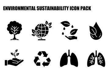 Environmental sustainability icons for graphic design and educational purposes. Black and white icons displaying diverse environmental themes with a simple, clean style.