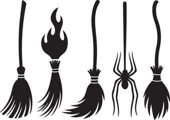 Halloween brooms icon set with pumpkins ghosts bats and other spooky symbols