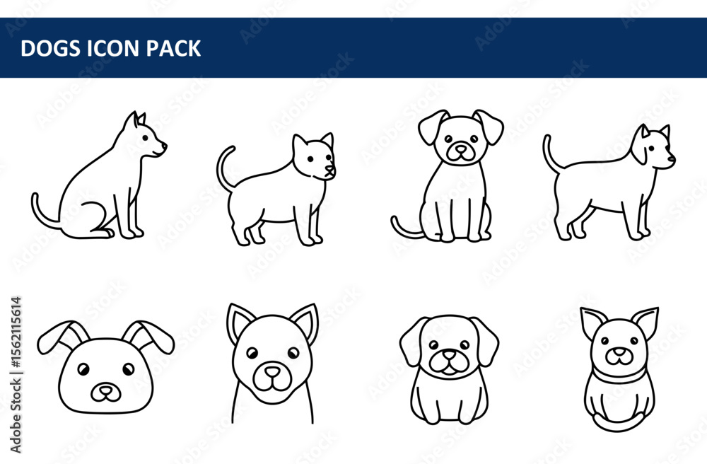 Poster line art illustrations of various dog breeds in different poses. collection of simple dog icons for 
